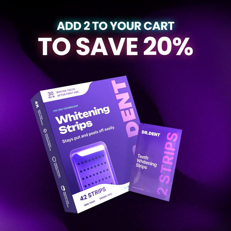 Tiras blanqueadoras dentales moradas DRDENT – 7 o 21 sesiones de blanqueamiento – Seguras para el esmalte – No generan sensibilidad – Sin peróxido.