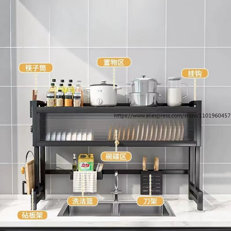 Multi-Functional Kitchen Sink Countertop Organizer Dish Drying Rack with Water Drainage Space-Saving Storage Essential